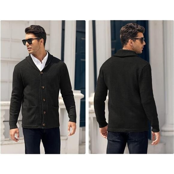 Men's Shawl Collar Cardigan Sweaters Button Down Cable Knitted - Picture 3 of 5